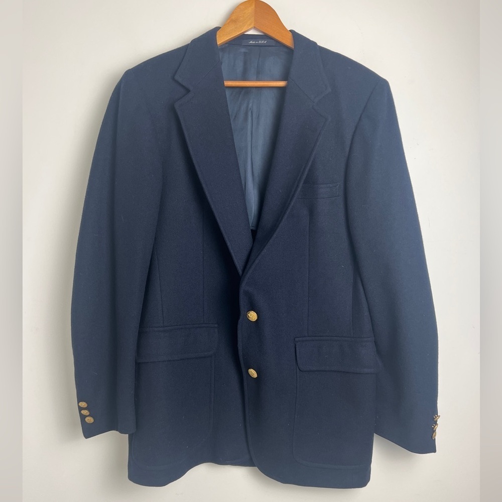 Vintage Stanley Blacker Men's Size 42 Navy Blue 2-Button Blazer Made‎ In USA
